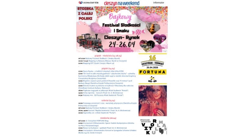 grafika informacyjna z wypisanymi wydarzeniami weekendowymi